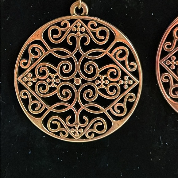 2” round solid brass filigree dangle drop earrings on wires - Picture 6 of 12